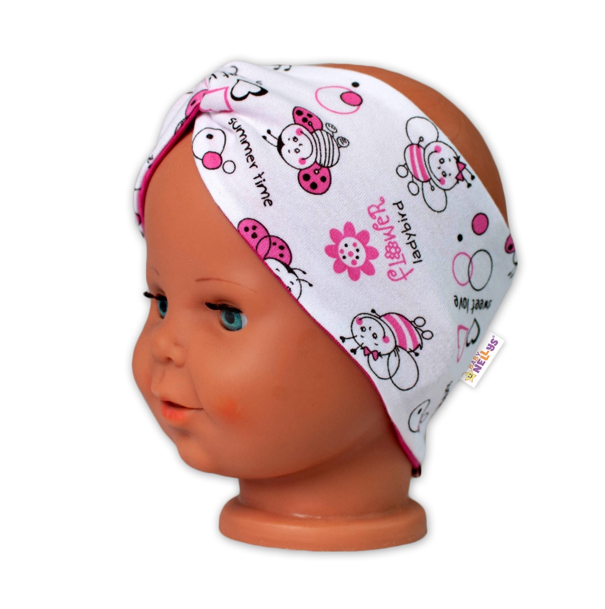 Baby Nellys Bavlněná dětská čelenka Berušky- bílá/růžová, 12-24 m