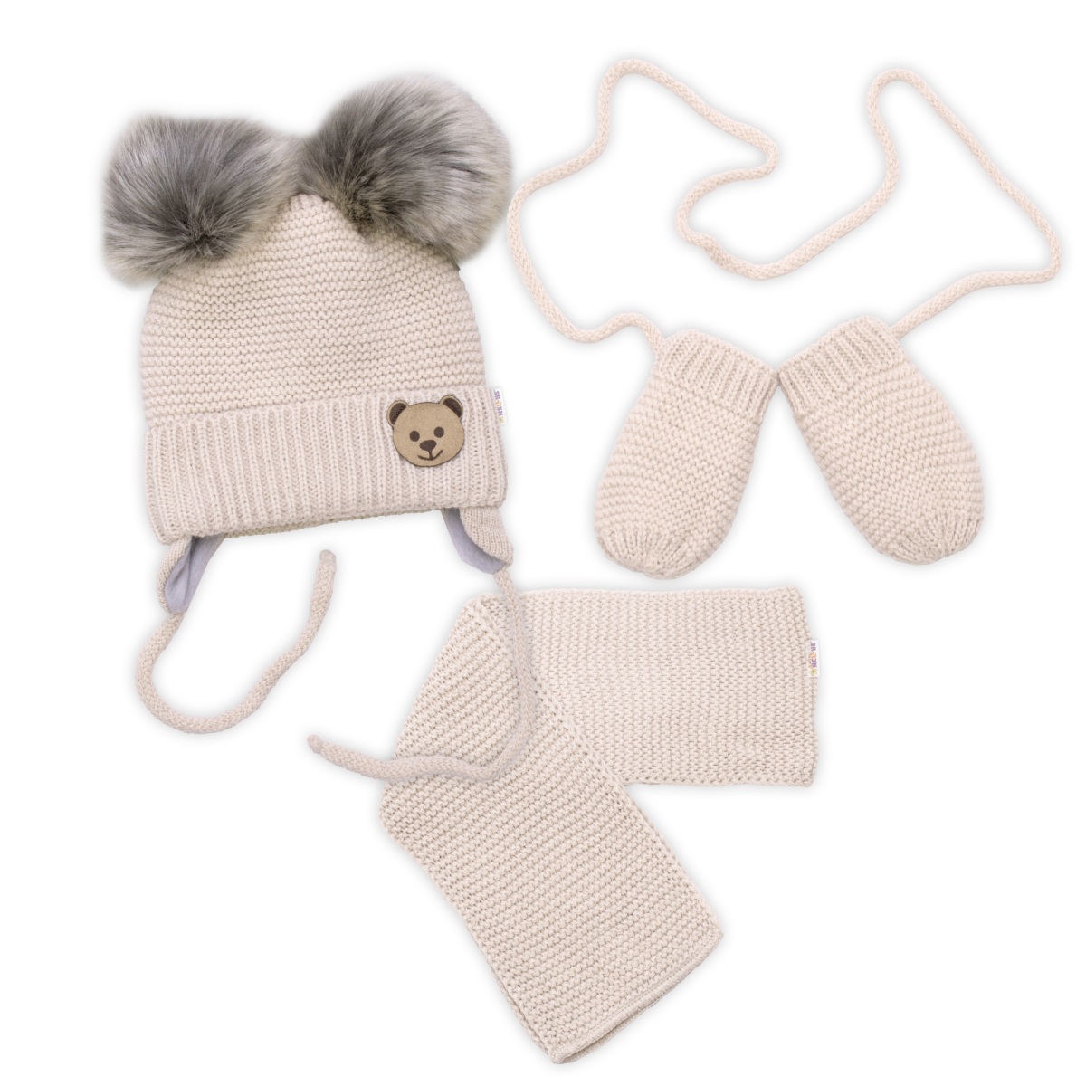 Dětská sada, zimní čepice s šálou + rukavičky 3D, Teddy Bear - béžová
