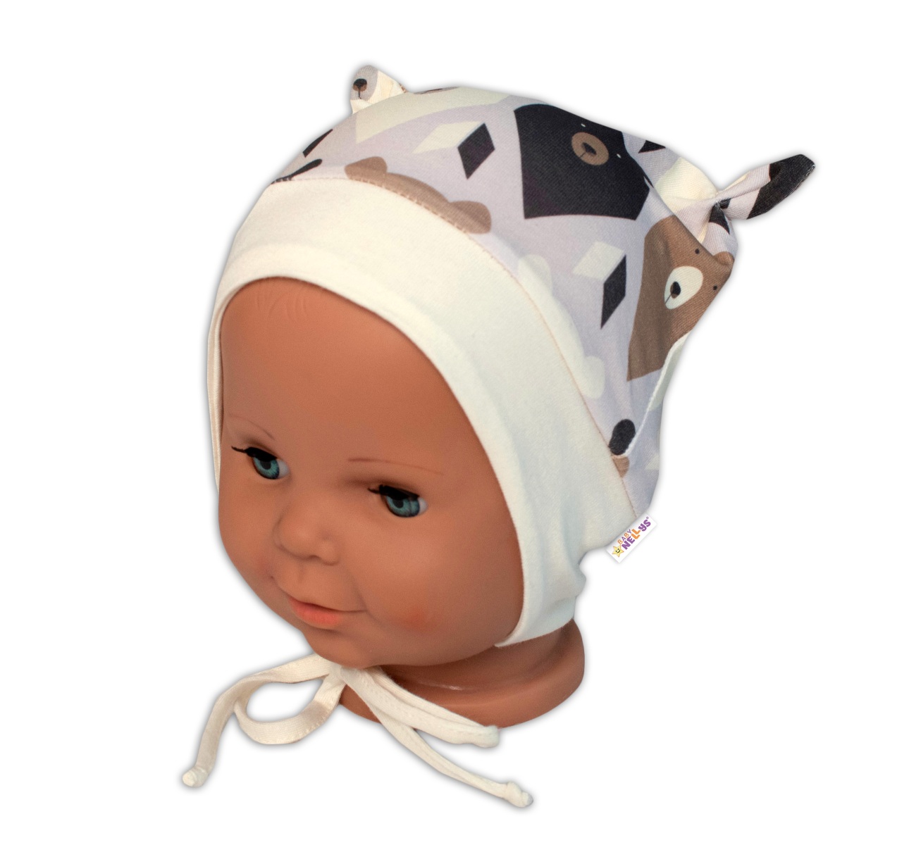 Baby Nellys Kojenecká čepička uzlíček na zavazování - Medvědi, hnědá