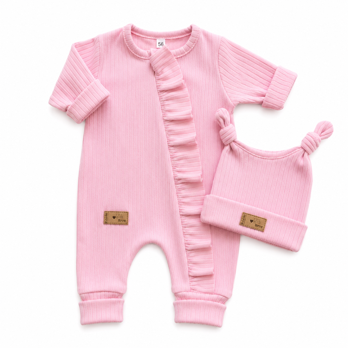 Kojenecká souprava Nature Girl – žebrovaný overal s čepičkou, 2D, bavlna, baby pink, 62