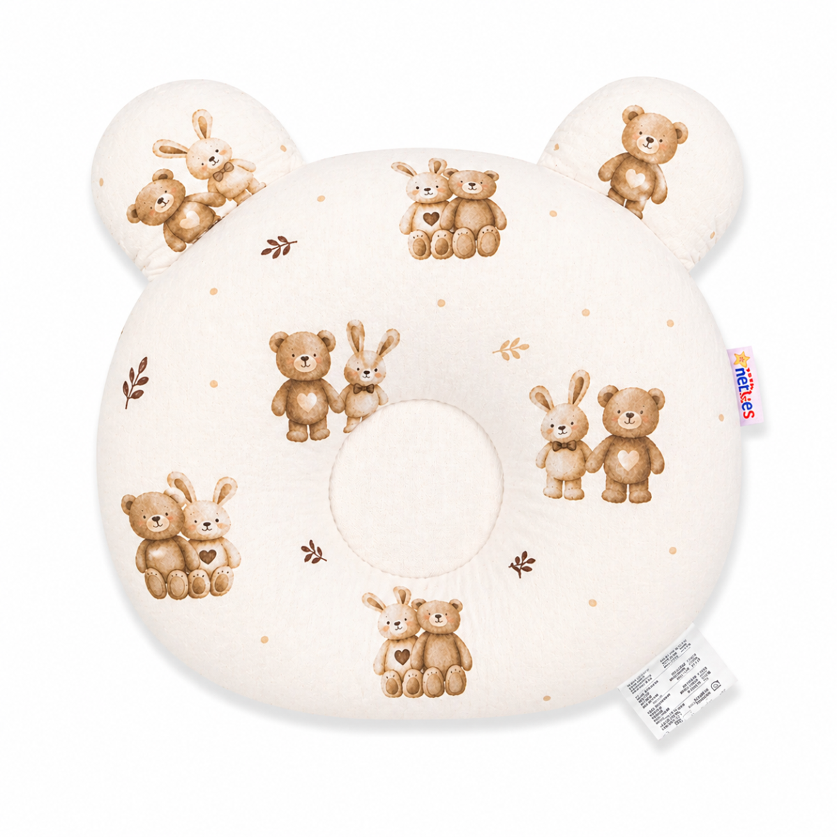 Bavlněný tvarovaný polštářek Medvídek a zajíček, bílá/béžová