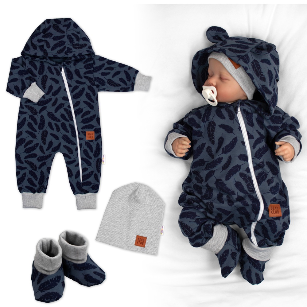 Rostoucí teplákový overal pro miminko, čepice, botky, 3D, Nature - jeans pírka, 80/86