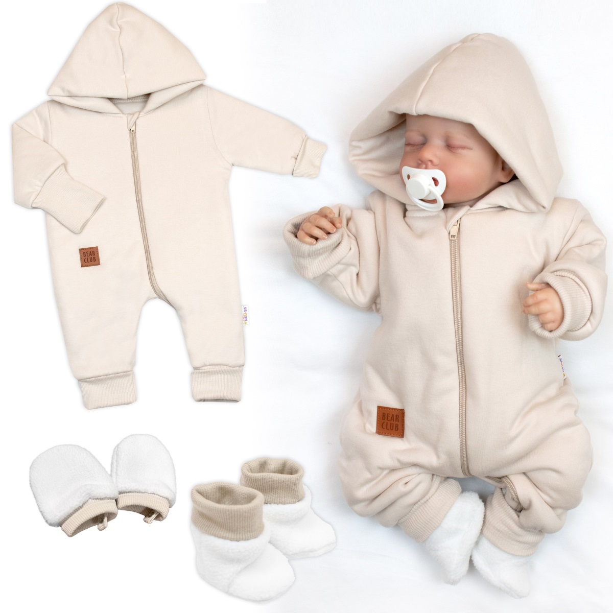 Bavlněný oteplený overálek s kapucí, rukavičky, botky, 3D sada Nature - sv. béžový, vel.68