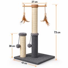 Škrabadlo pro kočky Cat Tree 73 cm – plyš, sisal, míčky, peříčka, béžovo-šedá (3)