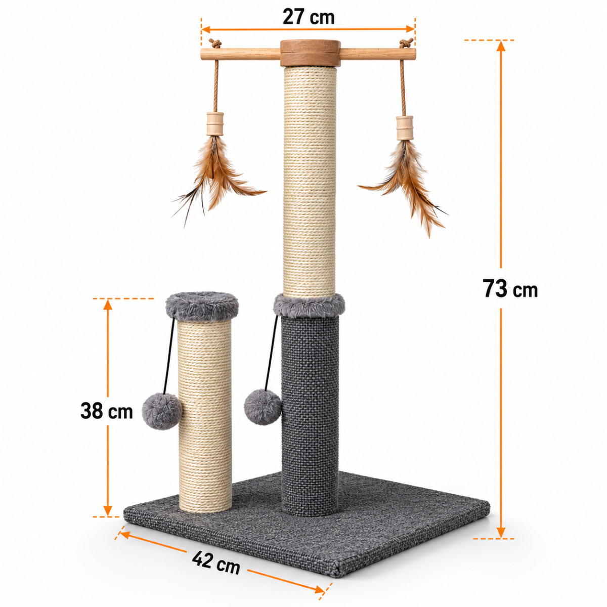 Škrabadlo pro kočky Cat Tree 73 cm – plyš, sisal, míčky, peříčka, béžovo-šedá