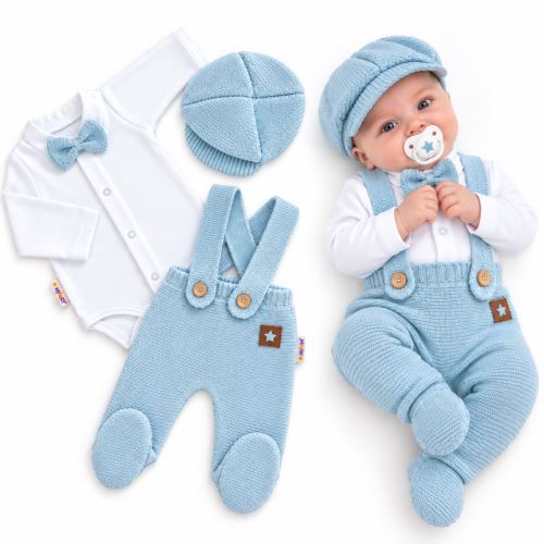 Pletená souprava Gentleman 3D, body, polodupačky s láclem, čepička, sv. modrá (2)