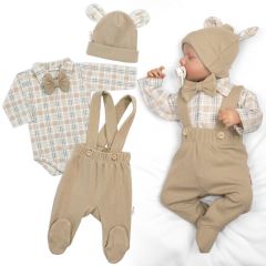 Bavlněná souprava Gentleman 3D, body, polodupačky s láclem, čepička, béžová/kostička (5)
