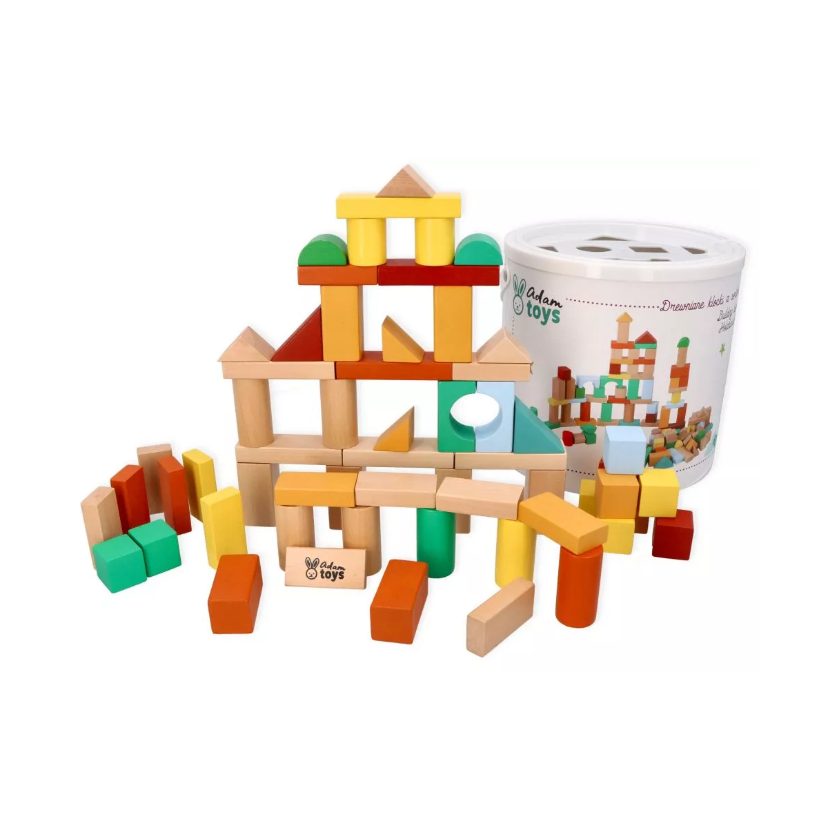 Dřevěné stavební kostky Adam Toys, 100 ks v kyblíku se sorterem – barevné kostky pro děti