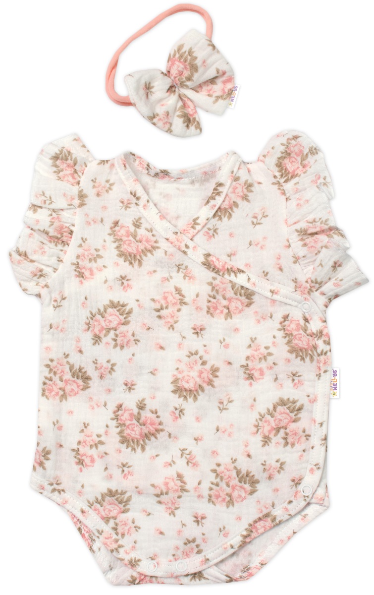 Zavinovací body, kraťasky + čelenka, mušelín, Pivoňky, Baby Nellys, smetanové, vel. 80