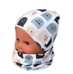 Baby Nellys Dvouvrstvá čepice + komínek Příšerky, bílá/mátová, vel. 92/98 Baby Nellys Dvouvrstvá čepice + komínek Příšerky, bílá/mátová, vel. 92/98