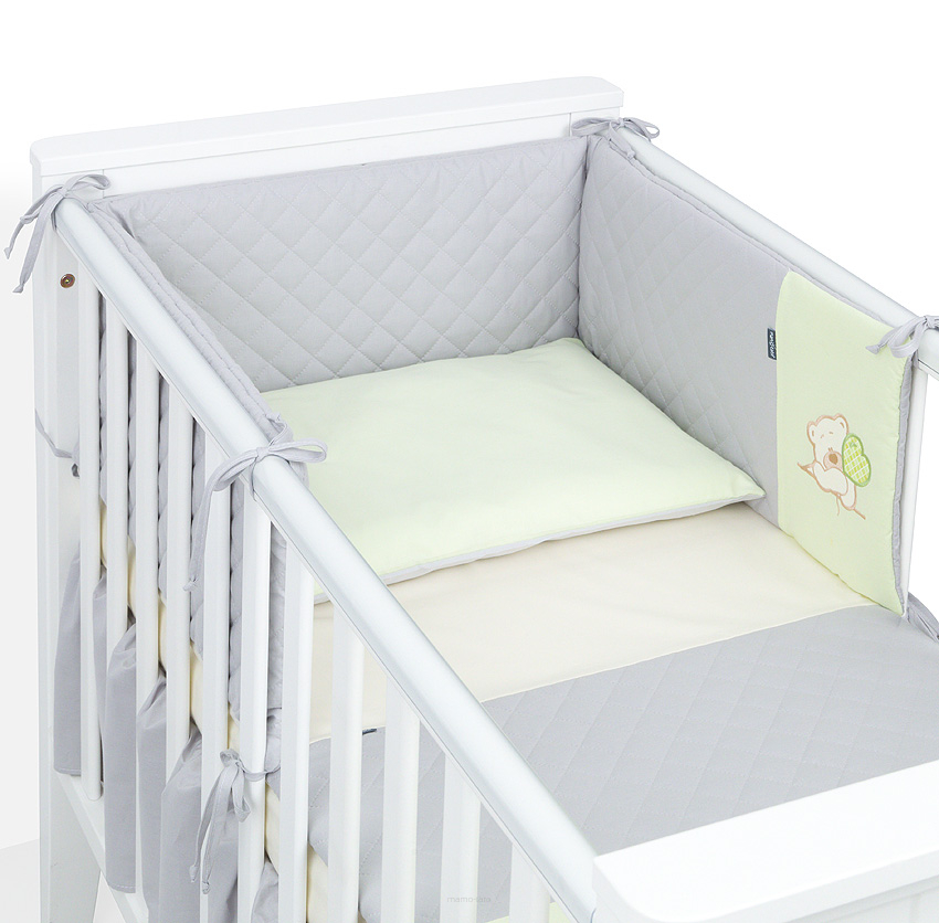 Mantinel s povlečením do postýlky, 3D sada, Teddy výšivka, 120x90 cm, zelená, šedá