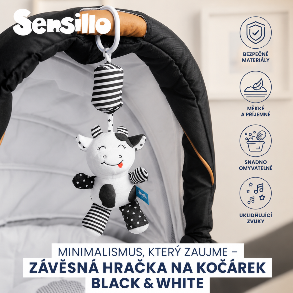 Závěsná hračka nejen do kočárku BLACK&WHITE - Kravička