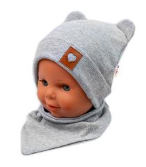 Baby Nellys Žebrovaná dvouvrstvá čepice s oušky + šátek TEDDY - šedý melír (1)