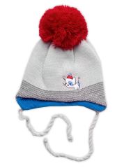 Dvouvrstvá pletená čepice s bambulí na zavazování + šátek Kočička, šedá, 40-42cm (1)