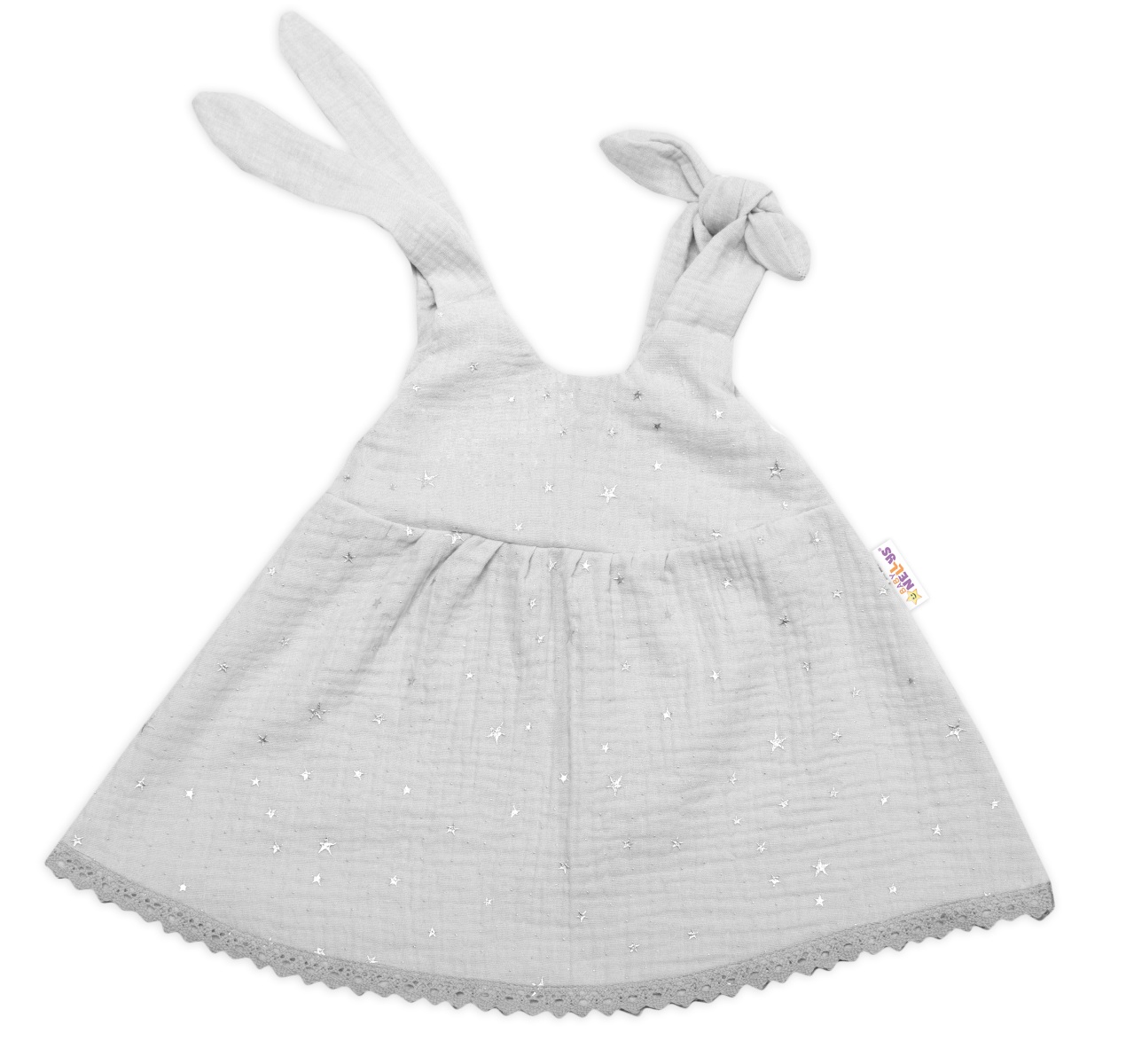 Baby Nellys Letní lehoučké mušelínové šaty Summer Stars - šedé, vel. 80/86