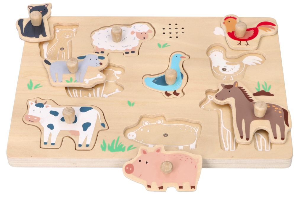 Dřevěné zábavné vkládací puzzle se zvukem - Farma