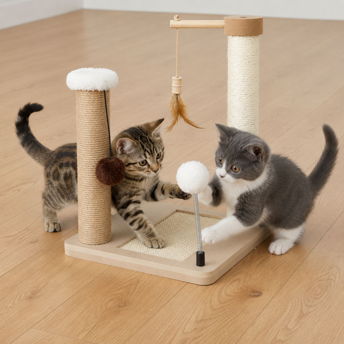 Škrabadlo pro kočky Cat Tree 40 cm – MDF, sisal, juta, míčky na pružinách a šňůrkách