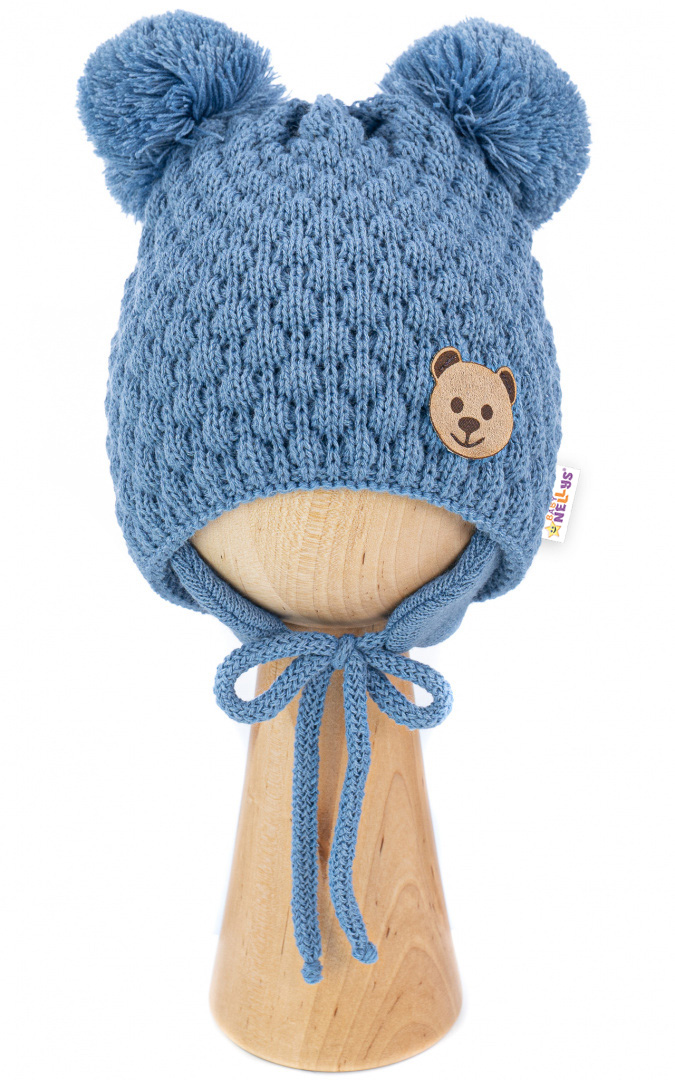 Zimní pletená čepice Teddy Bear na zavazování, modrá, Baby Nellys