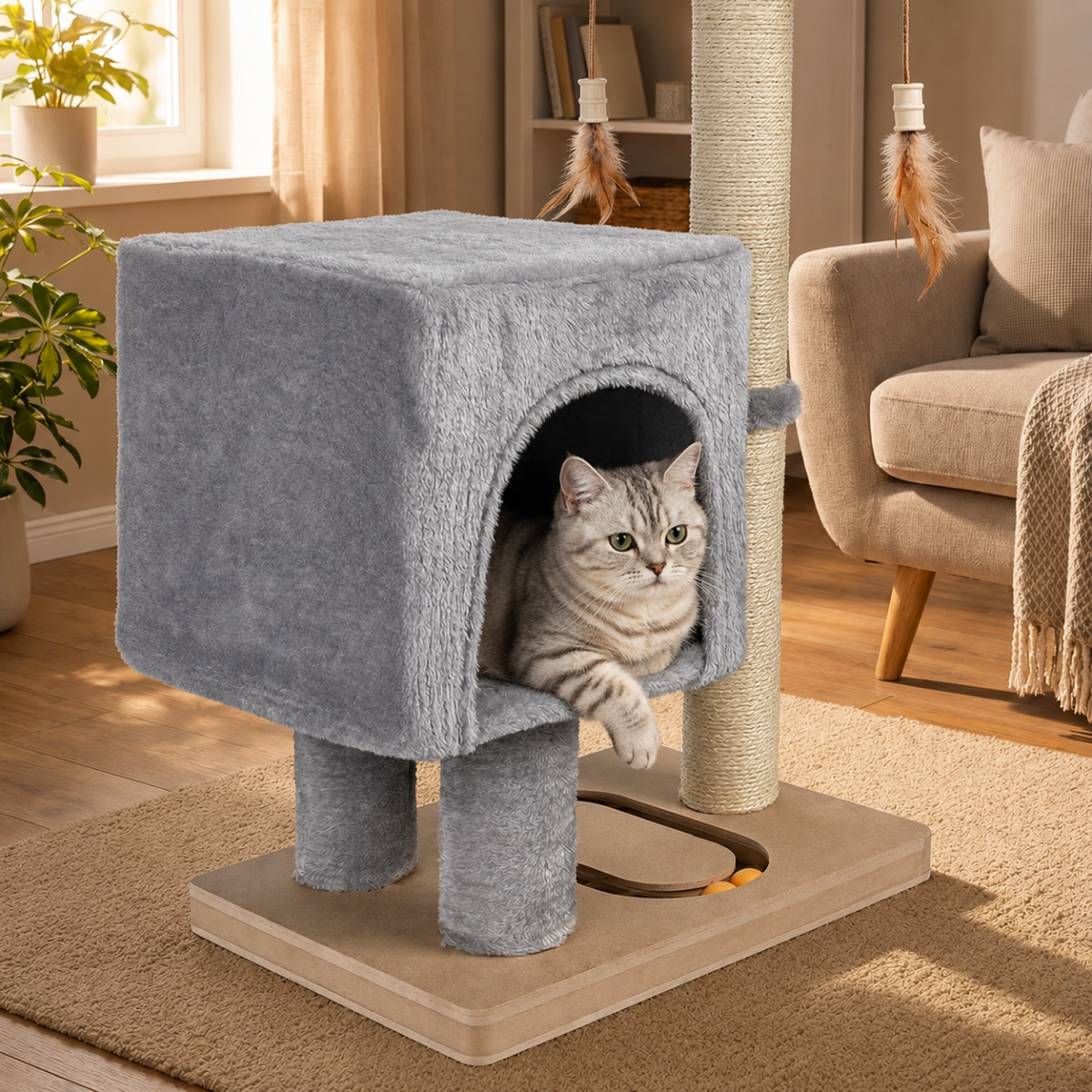 Škrabadlo pro kočky Cat Tree 64 cm s úkrytem – MDF, sisal, plyš, světle šedá