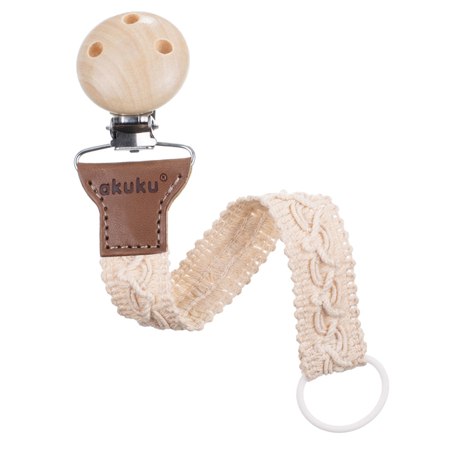 Řetízek na dudlík Akuku béžová – bavlněná stužka s dřevěným klipem