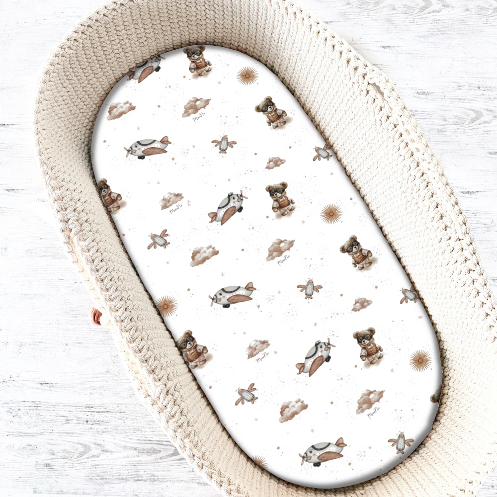 Prostěradlo do kočárku, koše, bavlna, Méďa pilot - bílá, béžová