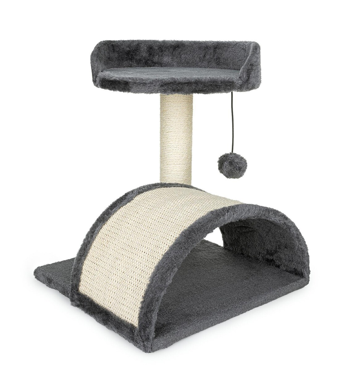 Škrabadlo pro kočky s úkrytem a míčkem na šňůrce 42 cm – MDF, sisal, tmavě šedá