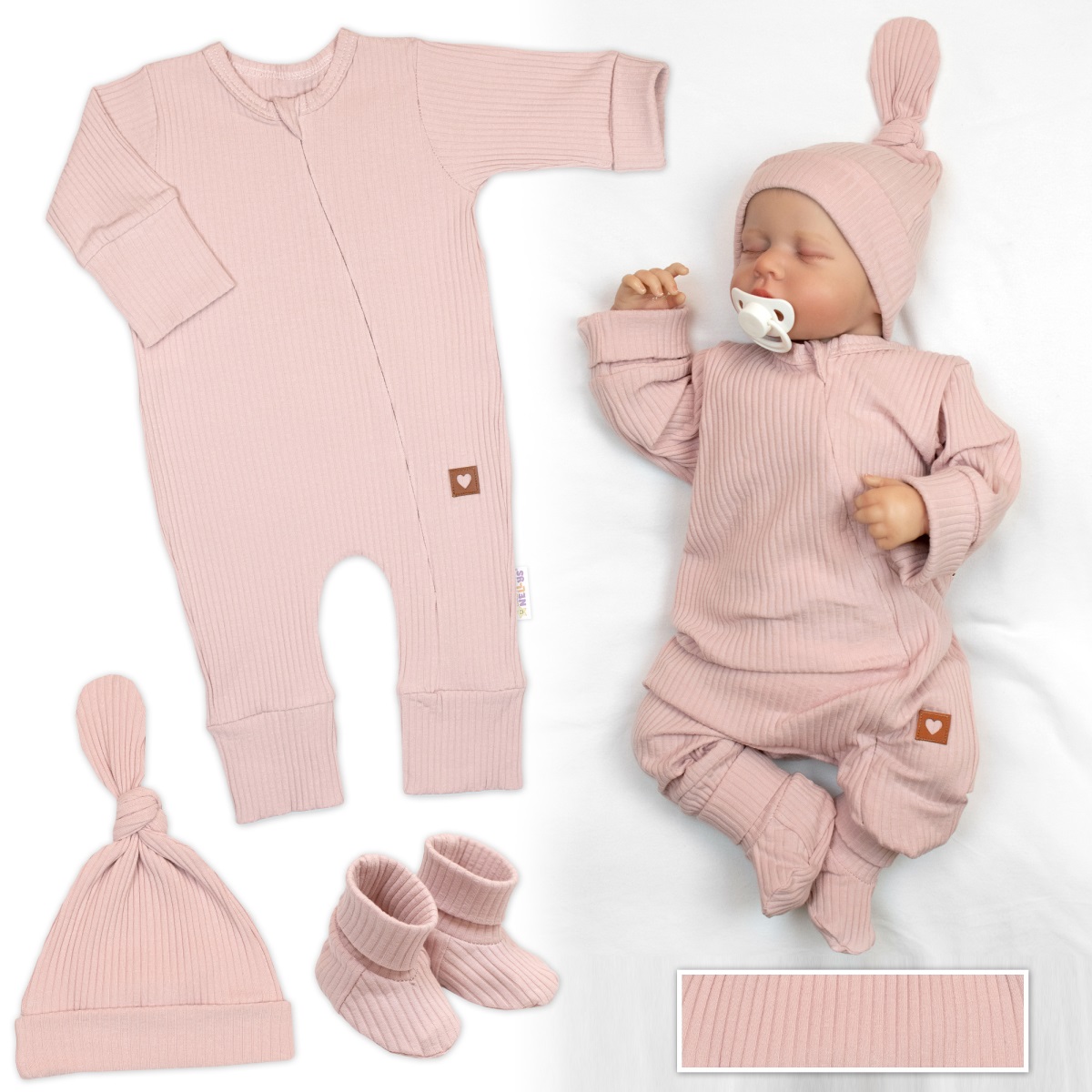 Rostoucí žebrovaný overálek, čepička a botičky, 3D, Nature - pudrově růžová, vel. 86/92