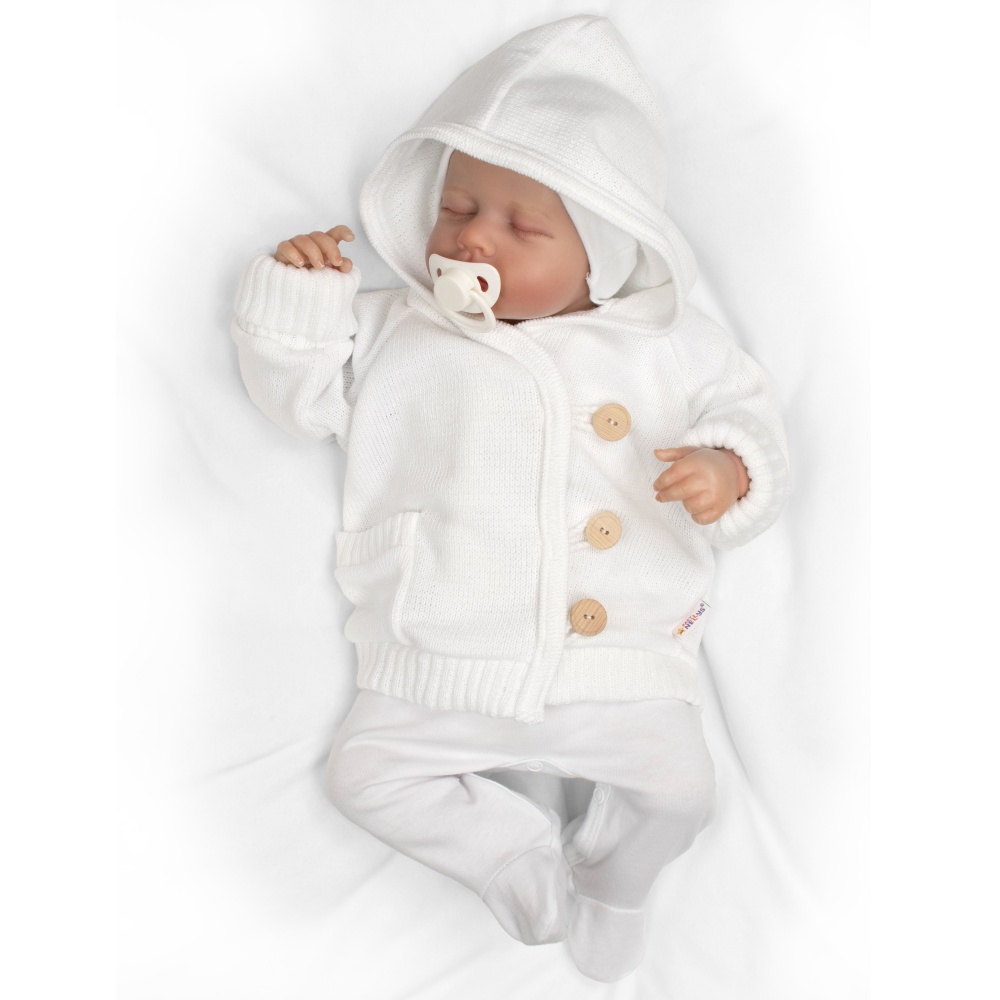 Rostoucí pletený svetřík s kapucí, zapínání knoflíčky - bílý, vel. 68/74