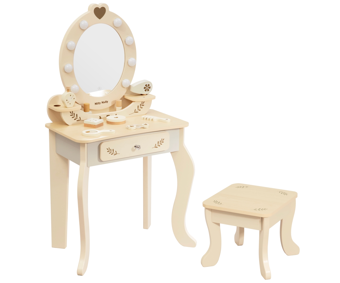 Velký dřevěný toaletní stolek pro děti s LED osvětlením a stoličkou Elly