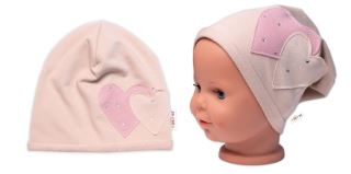 Dětská čepice bavlna, Srdíčka s kamínky, Baby Nellys, béžová (1)