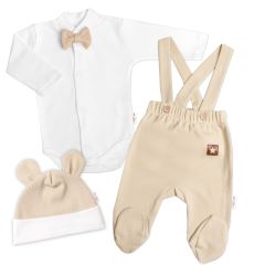 Bavlněná souprava Gentleman 3D, body, polodupačky s láclem + čepička, béžová/bílá (5)