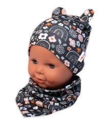 Baby Nellys Dvouvrstvá čepice s oušky + šátek Palouček, grafit (3)