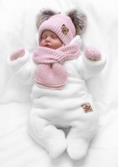 Dětská sada, zimní čepice s šálou + rukavičky 3D, Teddy Bear - pudrově růžová (4)