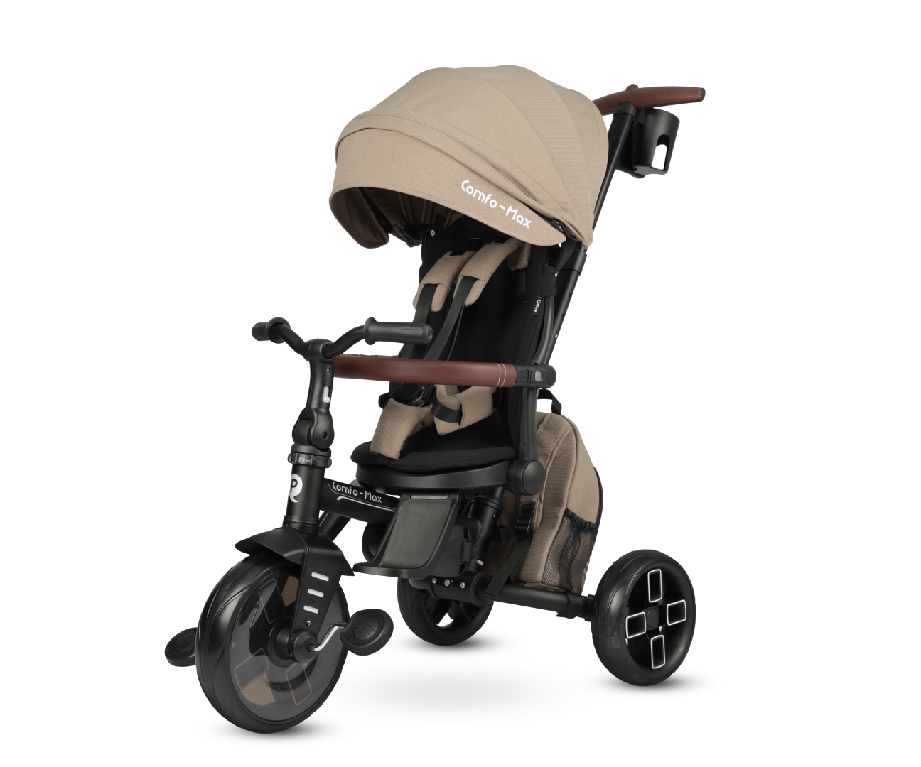 Dětská tříkolka s vodicí tyčí COMFO MAX, rostoucí tříkolka s otočným sedadlem, kávová