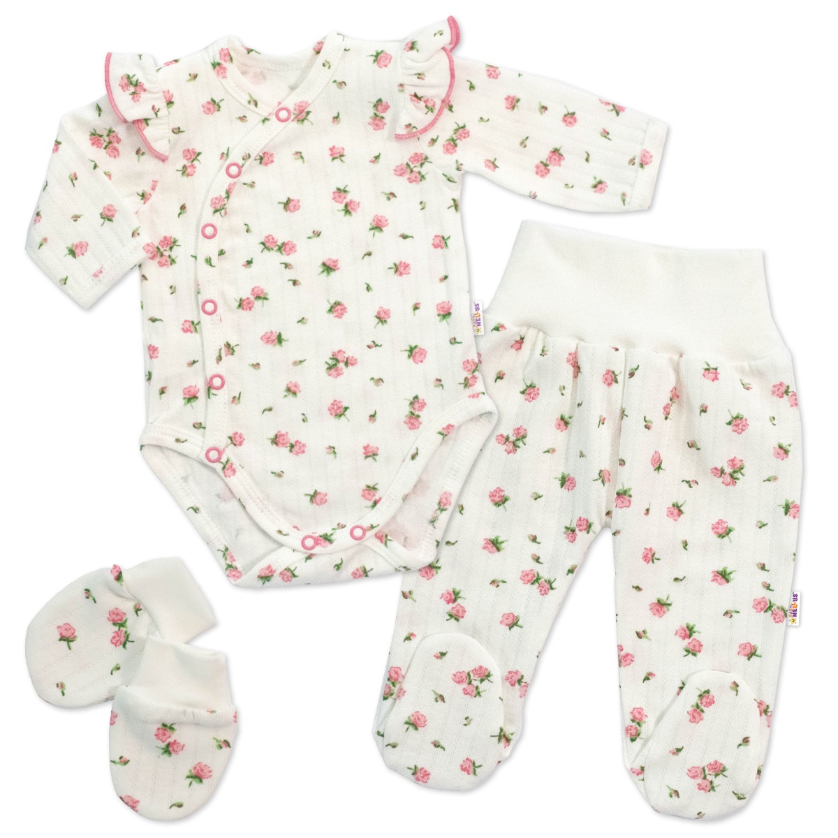 Bavlněná 3D sada, zavinovací body, polodupačky + rukavičky, Amélie, bílá/růžová