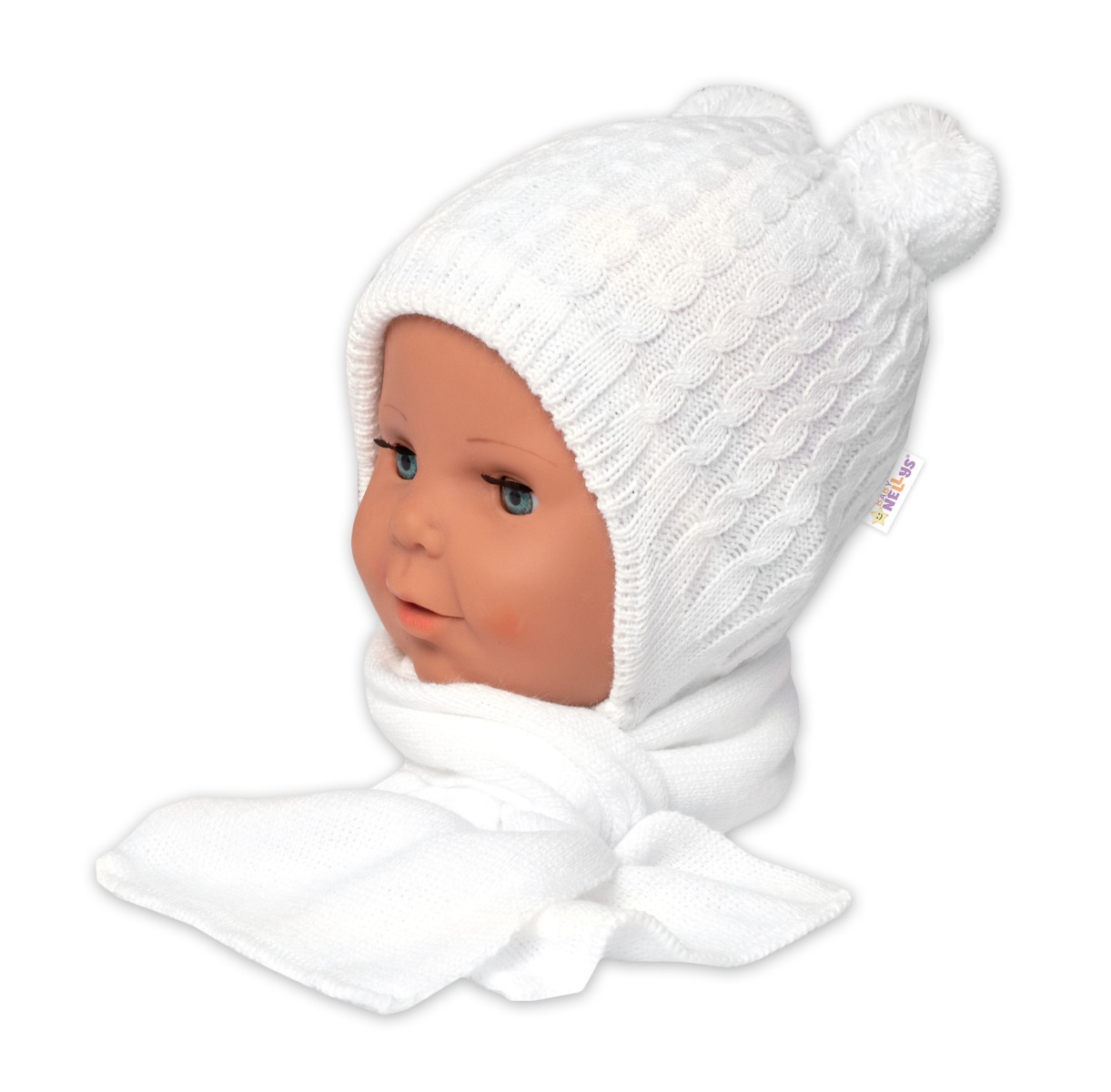 Zimní čepice na zavazování s bambulky + šál - bílá