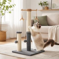 Škrabadlo pro kočky Cat Tree 73 cm – plyš, sisal, míčky, peříčka, béžovo-šedá (6)