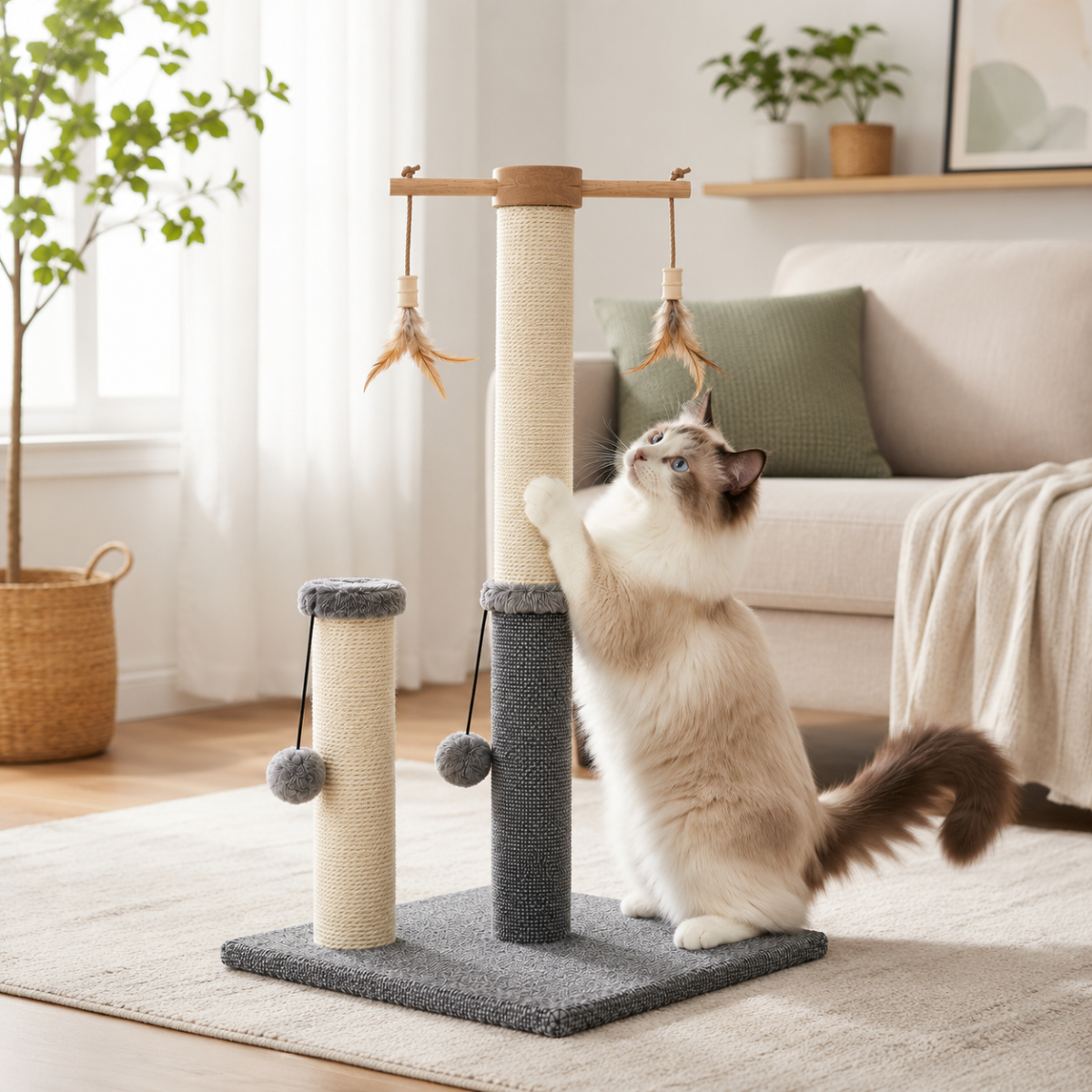 Škrabadlo pro kočky Cat Tree 73 cm – plyš, sisal, míčky, peříčka, béžovo-šedá
