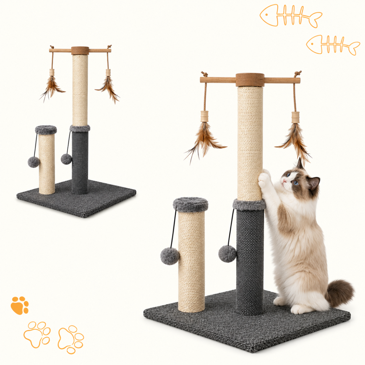 Škrabadlo pro kočky Cat Tree 73 cm – plyš, sisal, míčky, peříčka, béžovo-šedá
