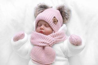 Dětská sada, zimní čepice s šálou + rukavičky 3D, Teddy Bear - pudrově růžová (5)