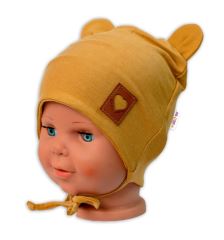 Bavlněná dvouvrstvá čepice s oušky na zavazování TEDDY - hořčicová, Baby Nellys (1)