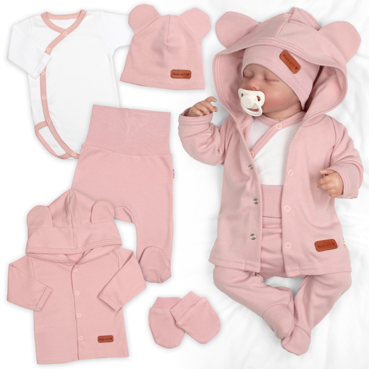 Bavlněná souprava pro miminko do porodnice 5D, Made with love, pudrová