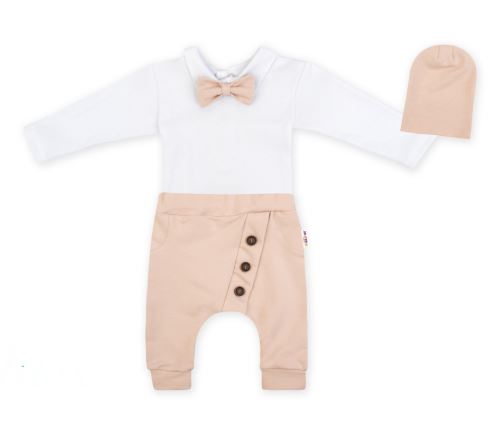 Baby Nellys 3-dílná sada Hubert, body s motýlkem  dl.rukáv, tepláčky a čepička - béžový