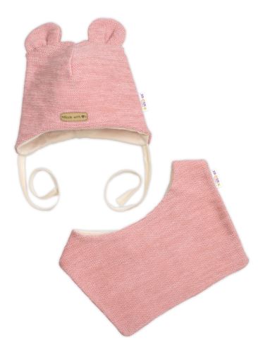 Pletená čepice s bavlněnou podšívkou a šátkem 2v1, Teddy Hand made - růžová
