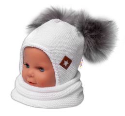 Zimní čepice s fleecem a chlupáčkové bambulky Star + komínek - bílá, BABY NELLYS (1)