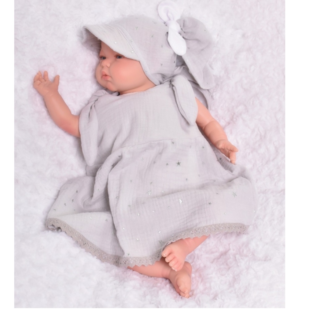 Baby Nellys Letní lehoučké mušelínové šaty Summer Stars - šedé, vel. 92/98