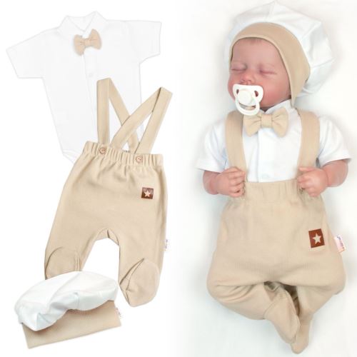 Bavlněná souprava Gentleman 3D, body kr. rukáv, polodupačky s láclem, čepička, béžová/bílá (2)