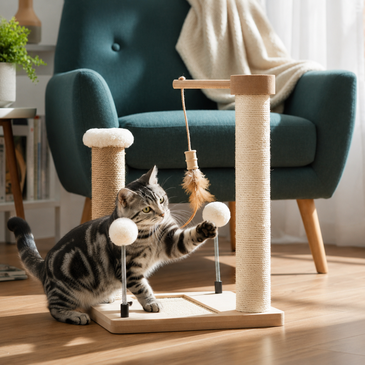 Škrabadlo pro kočky Cat Tree 40 cm – MDF, sisal, juta, míčky na pružinách a šňůrkách