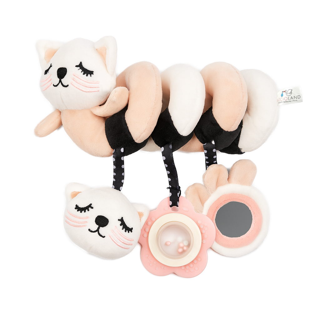 Plyšová senzorická spirála + plyšové pískátko Kočička - růžová, bílá