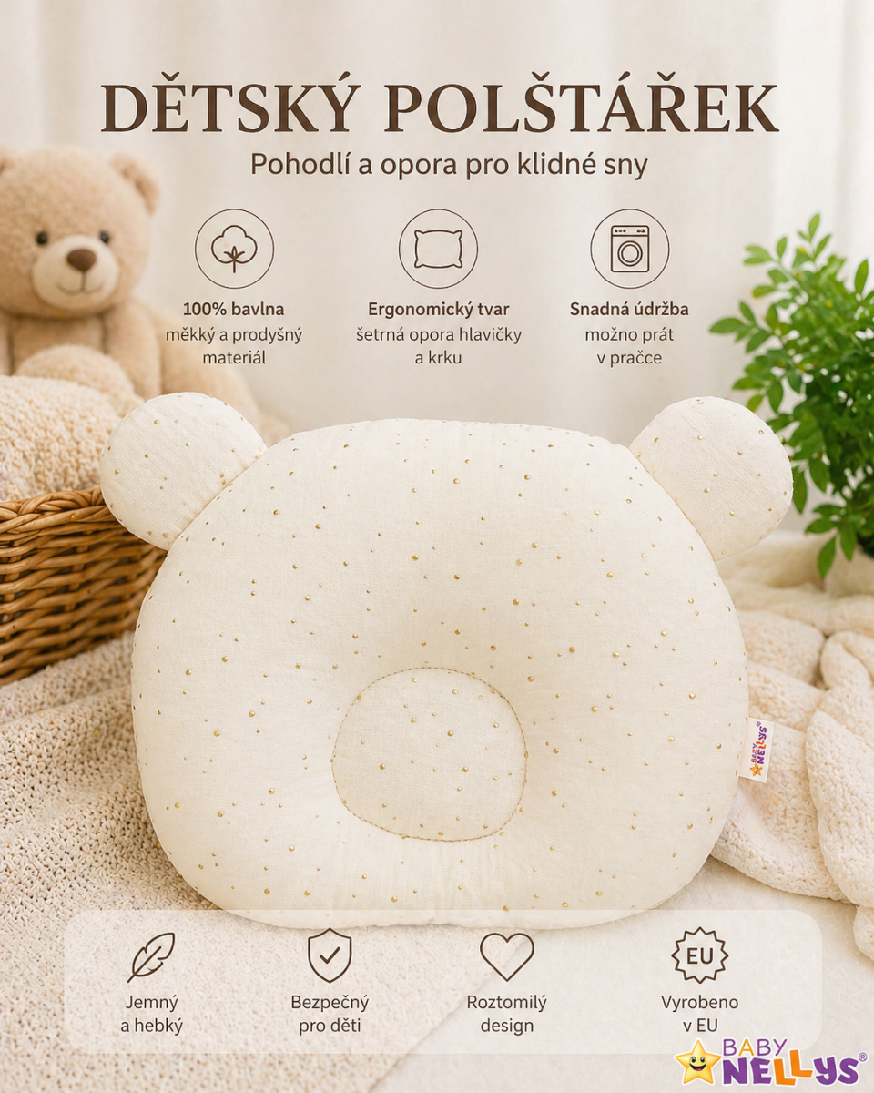 Mušelínový tvarovaný polštářek Zlaté tečky, béžová